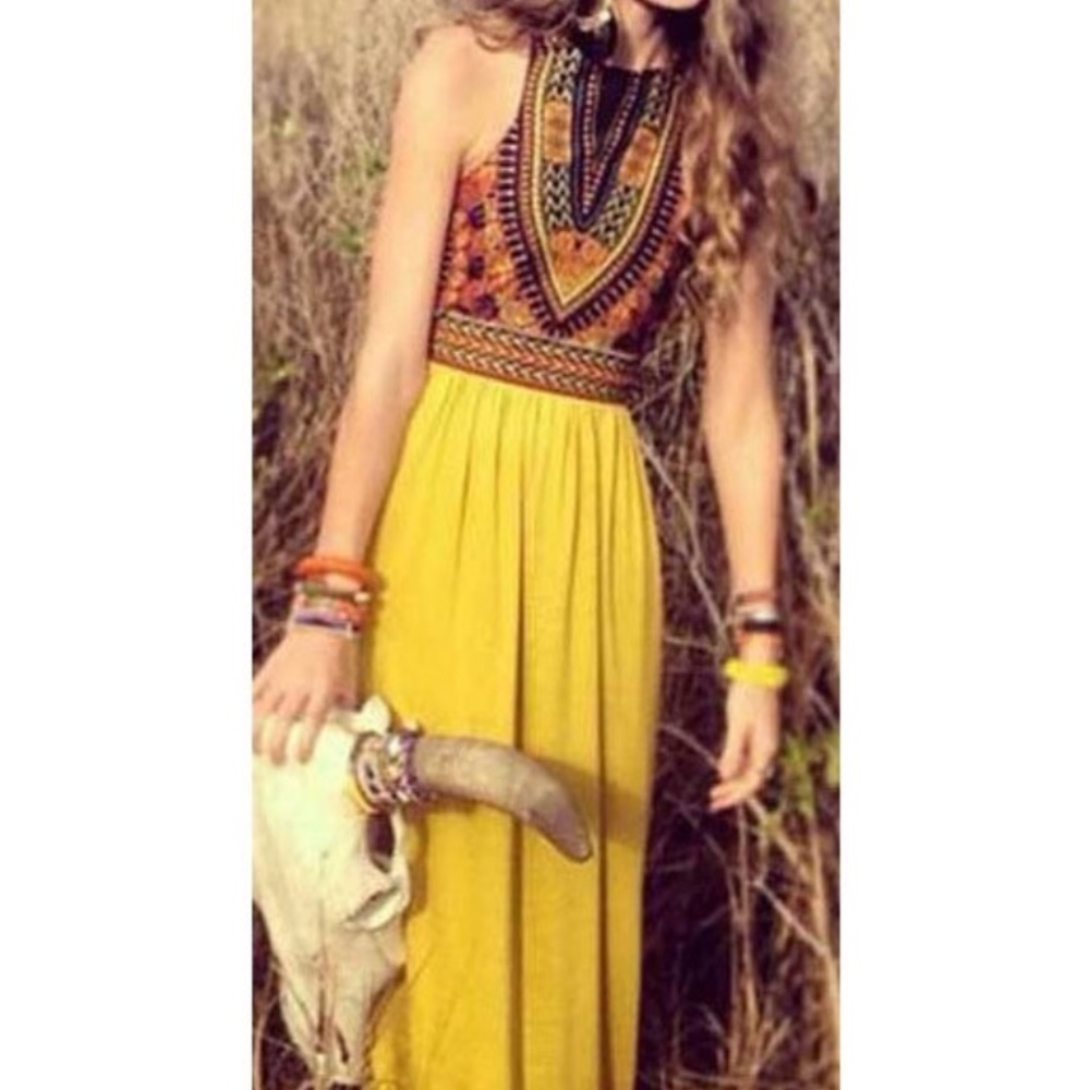 NWOT Sweet Yellow and Tribal Print Maxi Dress